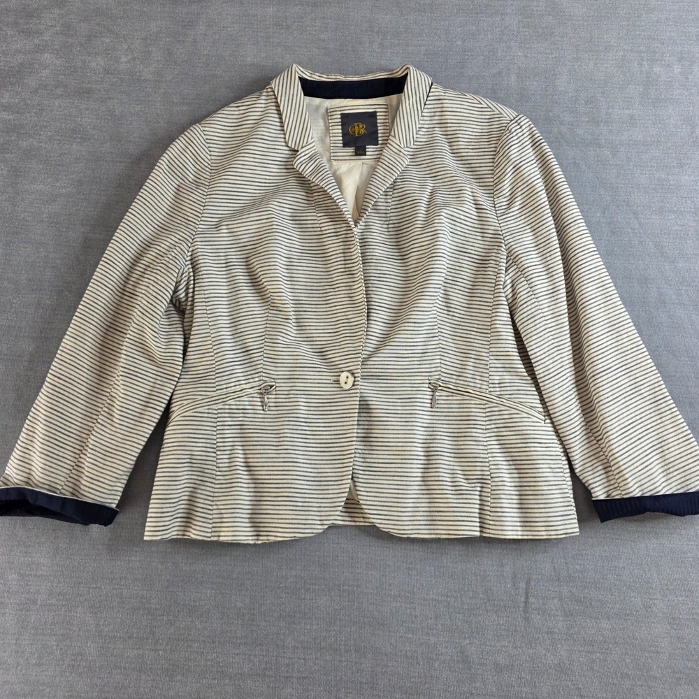 VTG Coastal Preppy Seersucker Blazer Navy White Striped Cotton Jacket Womens L